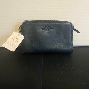 NWT Coach Navy Pebble Leather Double Zipper Wristlet Pouch | Designer